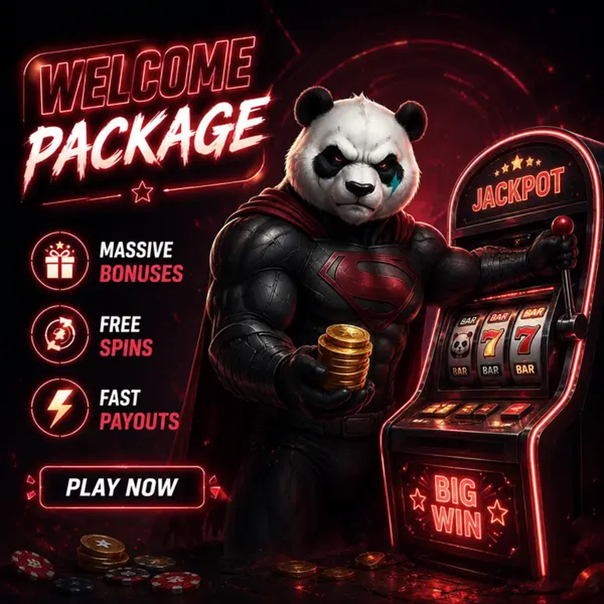 Bruno el panda presentando cofre del tesoro de tragaperras gratis en el área de bienvenida de Bruno Casino