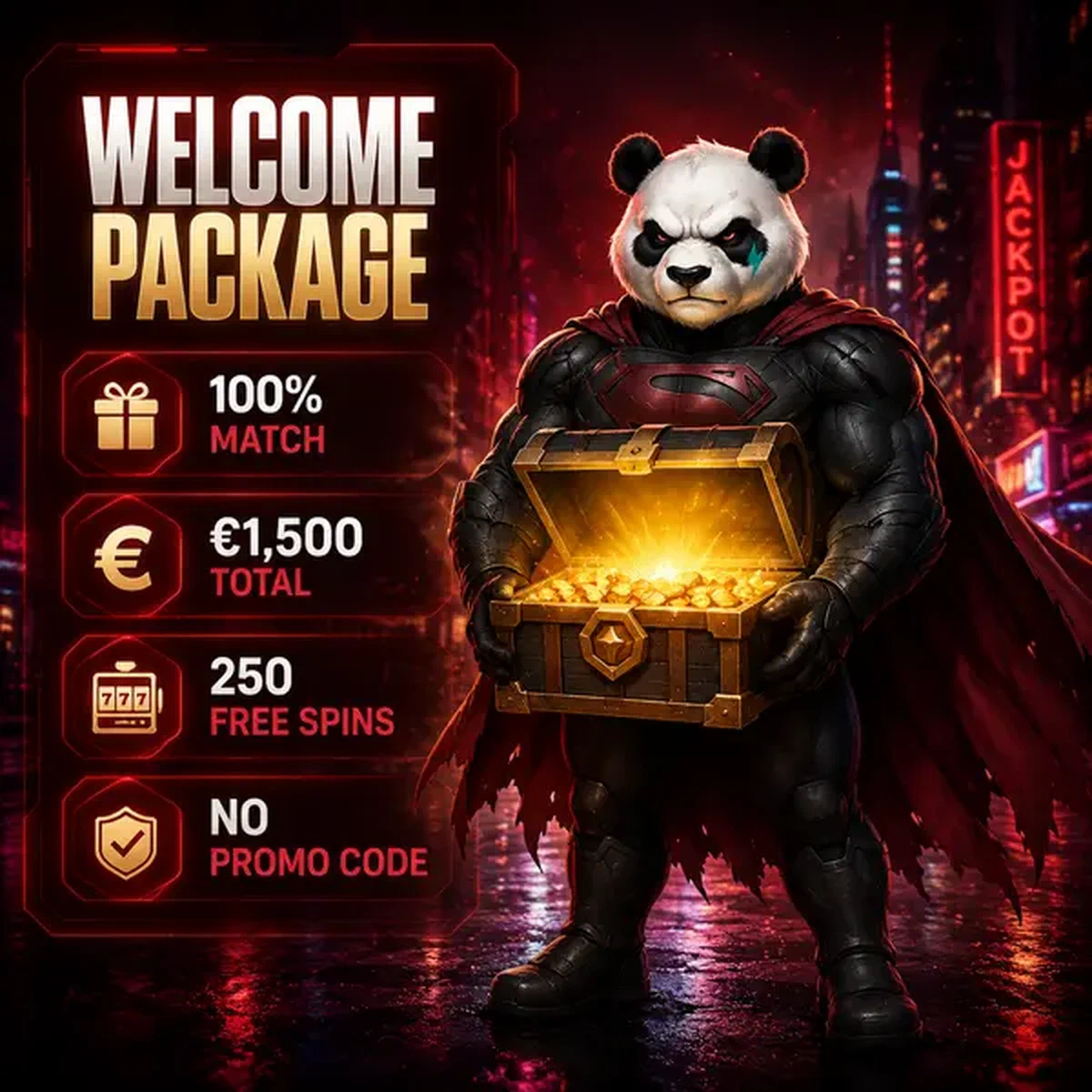 Bruno el Panda sosteniendo una tablet iluminada mostrando el bono de inicio de sesión en el portal de bienvenida de Bruno Casino