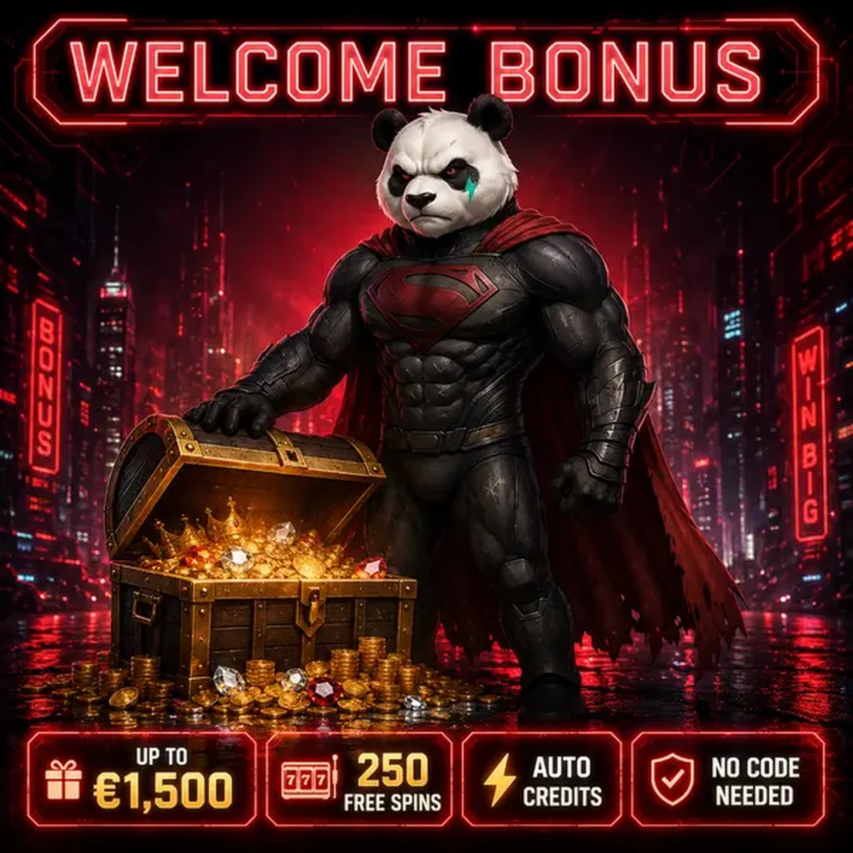 Bruno el Panda mostrando el cofre del tesoro del bono de bienvenida de Bruno Casino desbordante de recompensas doradas