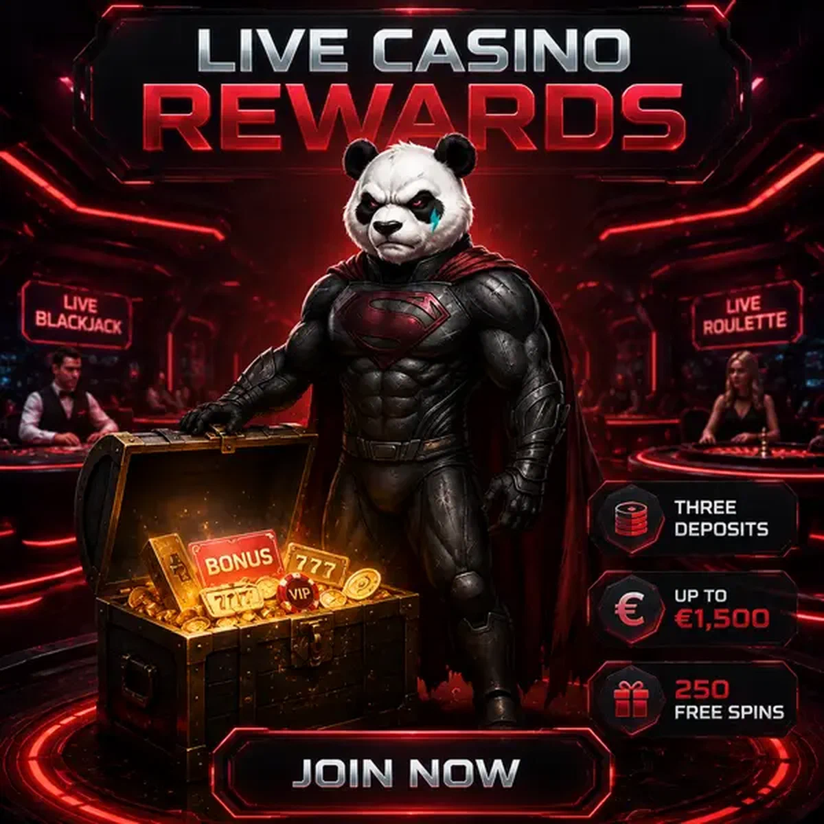 Bruno el Panda mostrando el paquete de bono de live casino en mesas de juego iluminadas con neón