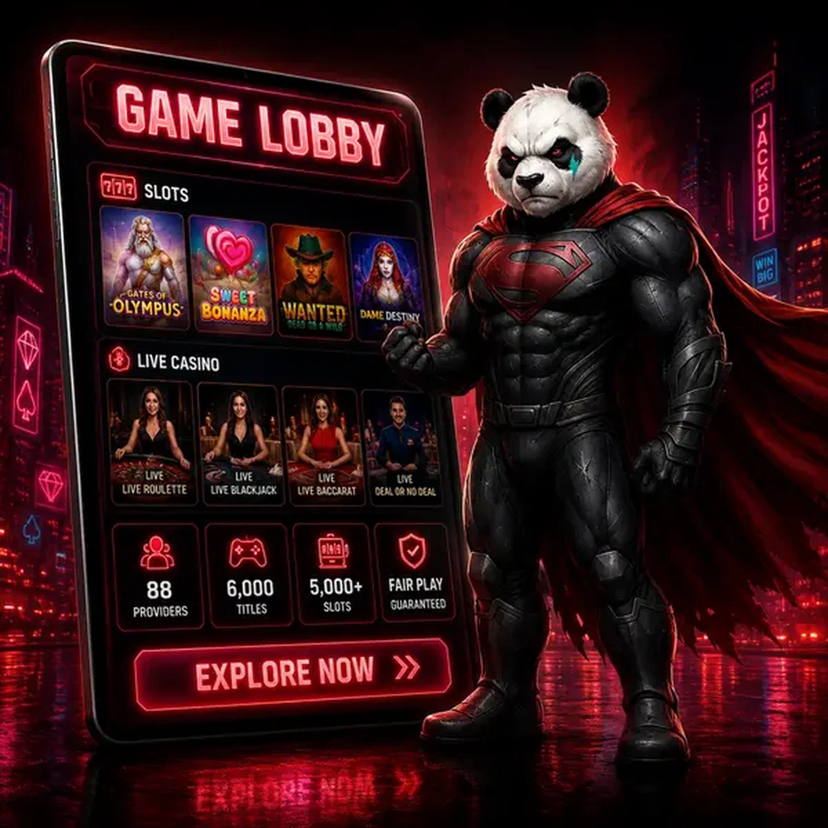 Bruno el Panda sosteniendo una tablet con la biblioteca de juegos del casino después del inicio de sesión en Bruno Casino
