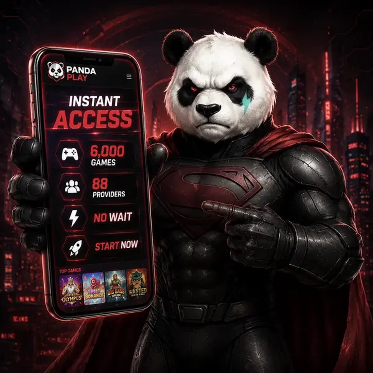 Bruno el Panda señalando un smartphone mostrando acceso instantáneo a más de 6.000 juegos después del registro
