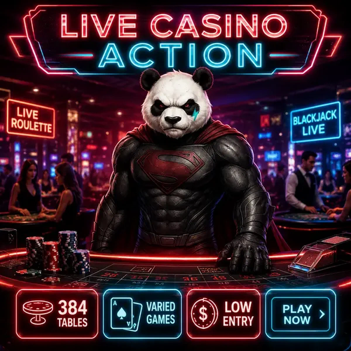Bruno el Panda revisando estadísticas de crupier en vivo en tablet en mesas de juego iluminadas con neón