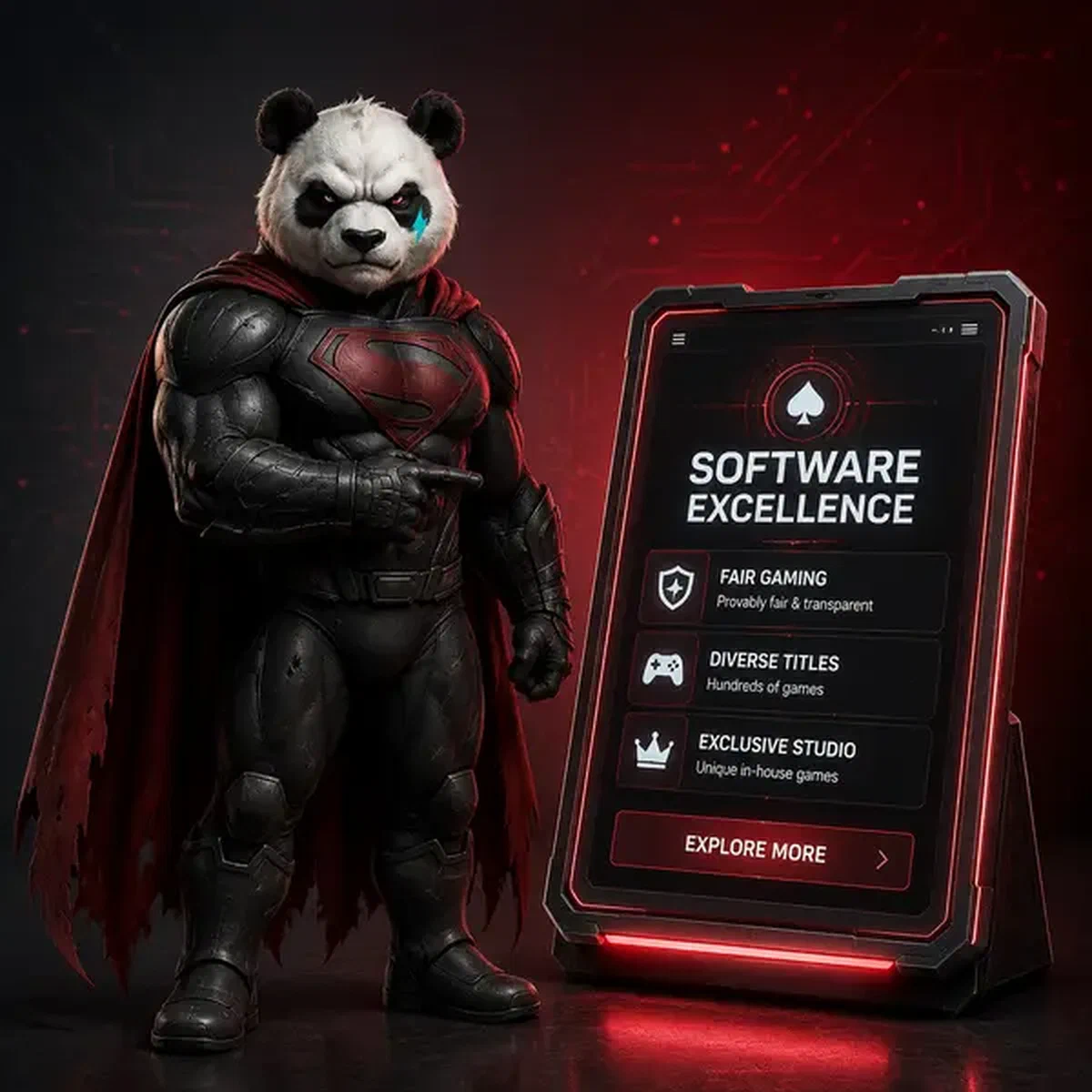 Bruno el Panda mostrando proveedores de software en tableta de juegos de Bruno Casino