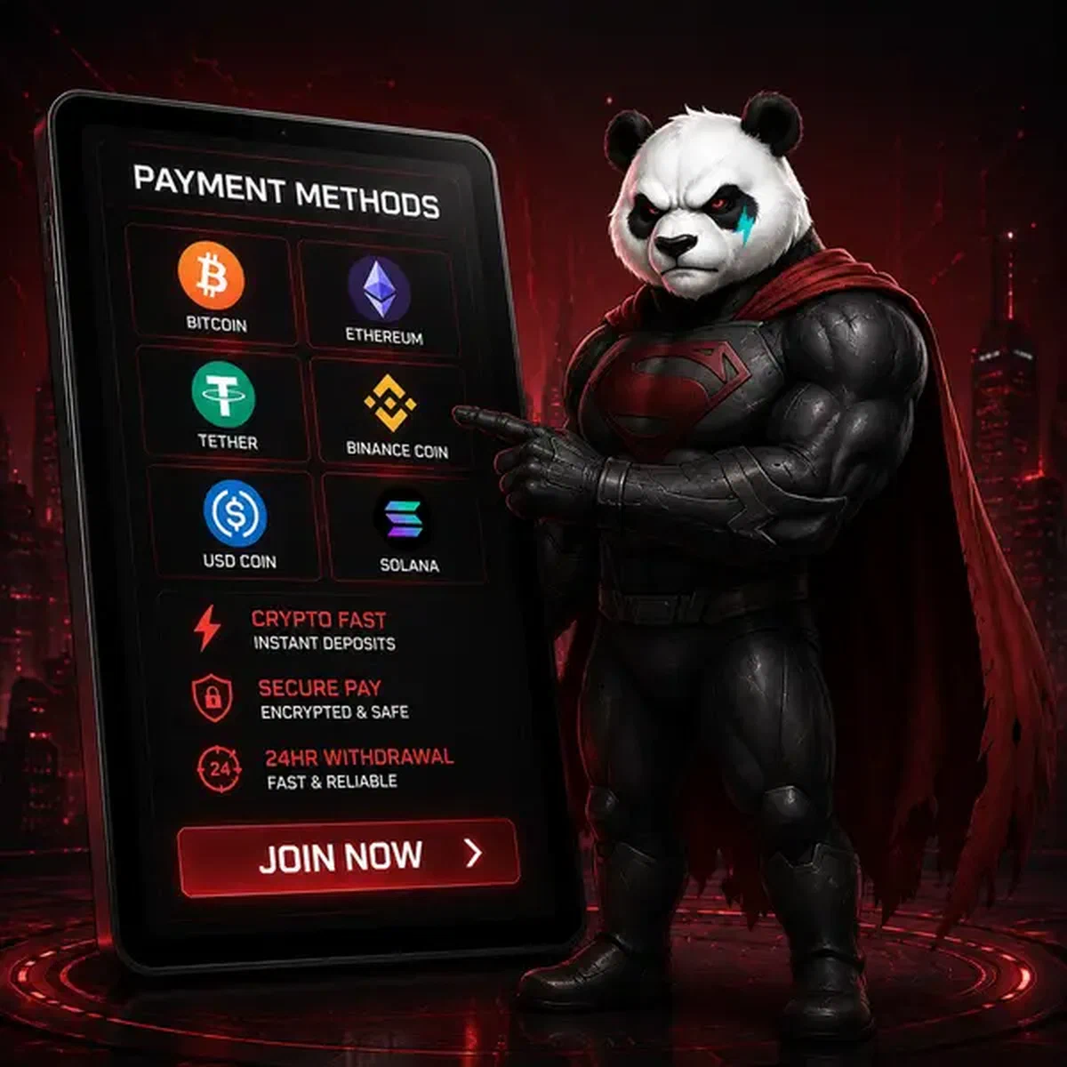 Bruno el Panda señala con confianza tableta futurista mostrando métodos de pago de Bruno Casino