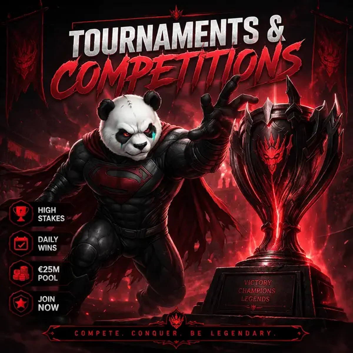 Bruno der Panda hält leuchtende Turniertrophäe in Bruno Turniere & Wettbewerbe Arena